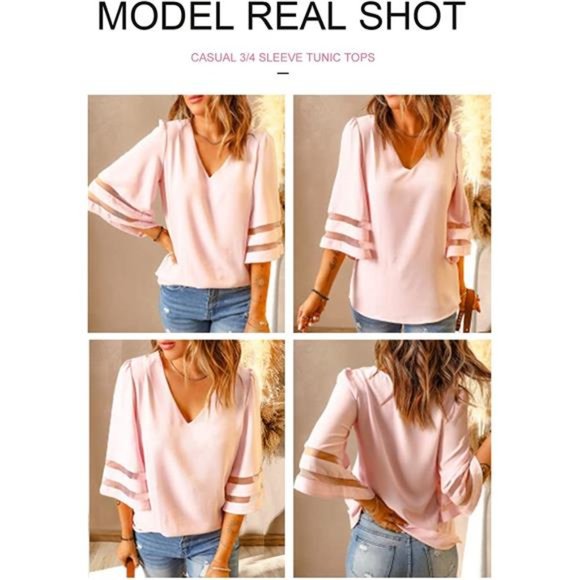 Womens 3/4 Bell Sleeve Fashion V Neck Lace Patchwork Blouse Casual Loose Shirt - Picture 2 of 5